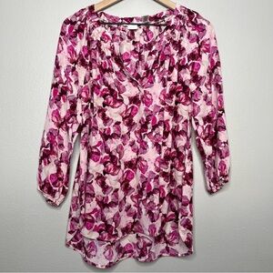 Max Studio Women 100% SILK Top Medium Pink Floral Popover‎ Split Neck Ethereal